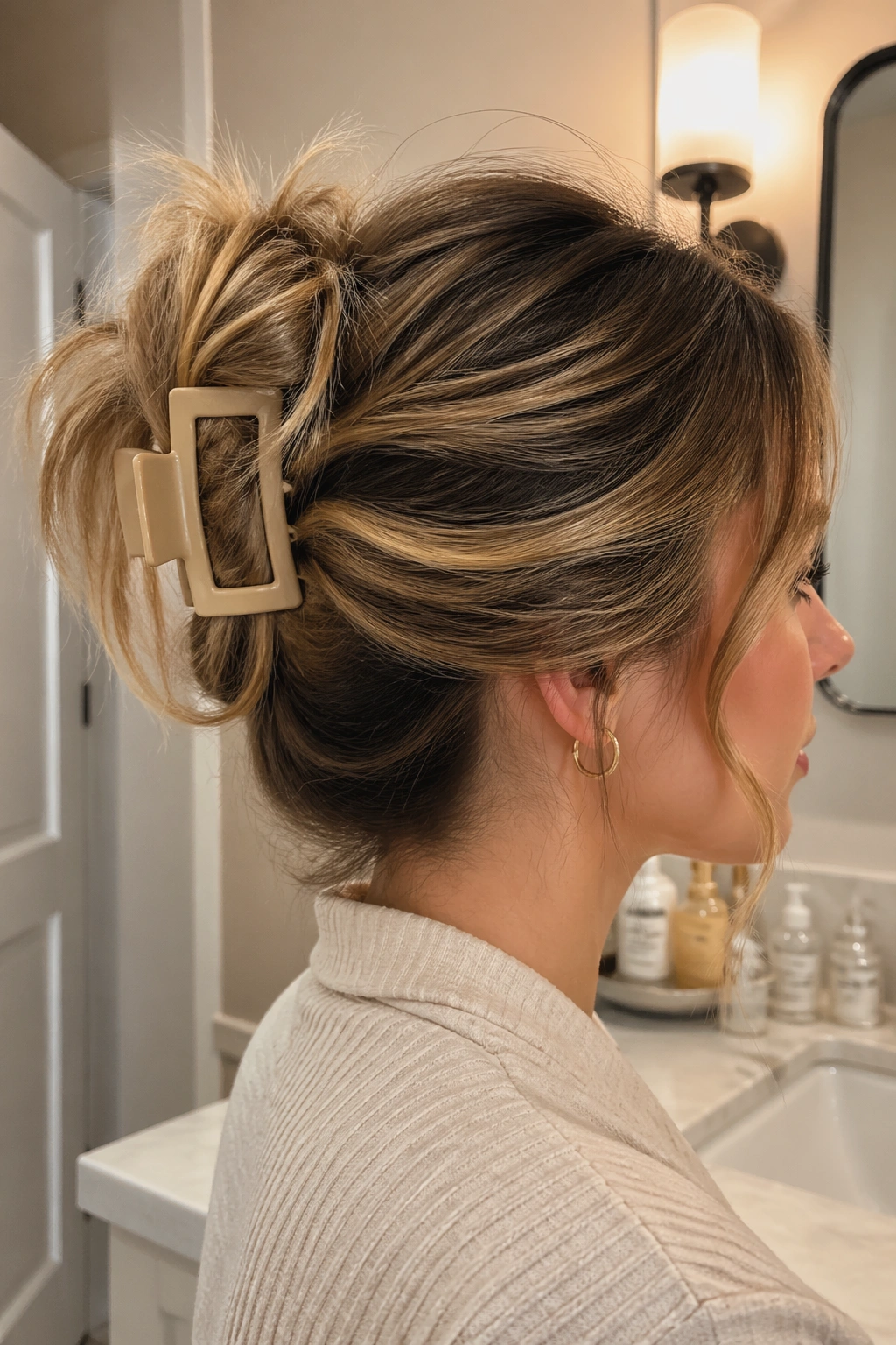 Close-up of a real woman wearing a claw-clip messy ponytail