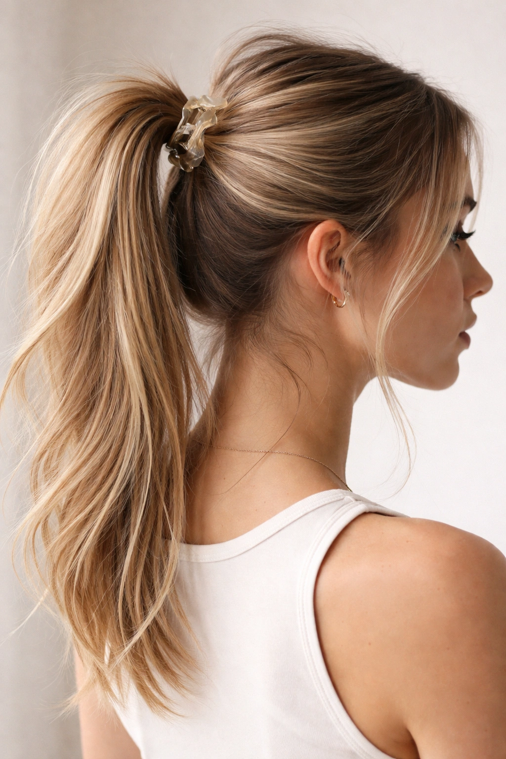 Close-up of straight hair with a crown-lift ponytail using a small claw clip.