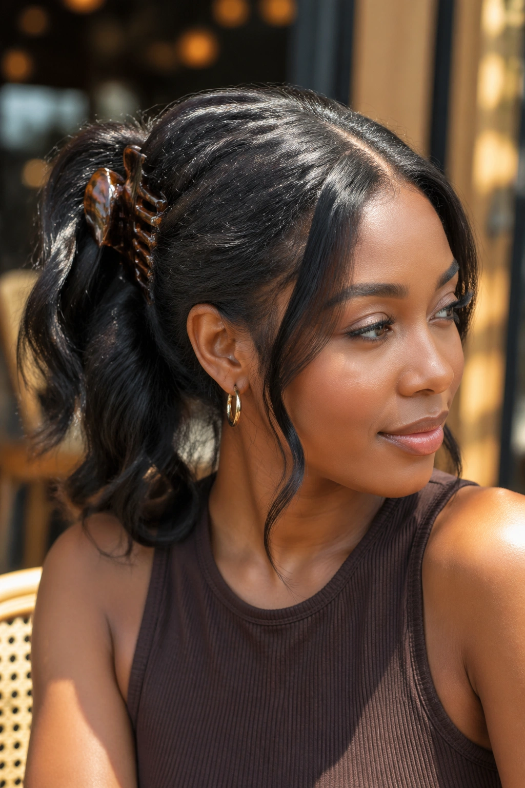 Close-up of a real woman with a claw-clip ponytail and center part in a casual outdoor setting