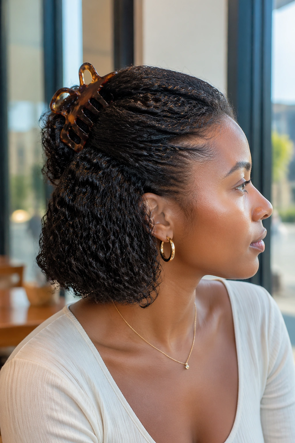 Close-up of a real woman wearing Claw-Clip Sweep Back Bob hairstyle