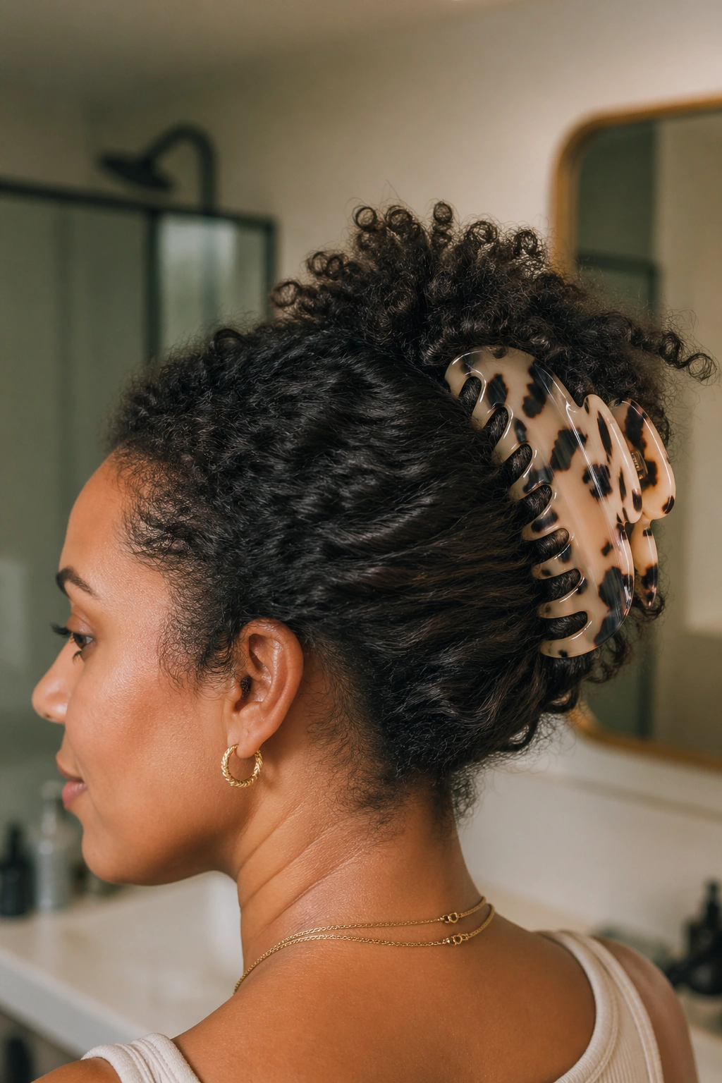 Close-up of a real woman wearing a large claw clip in thick natural curls