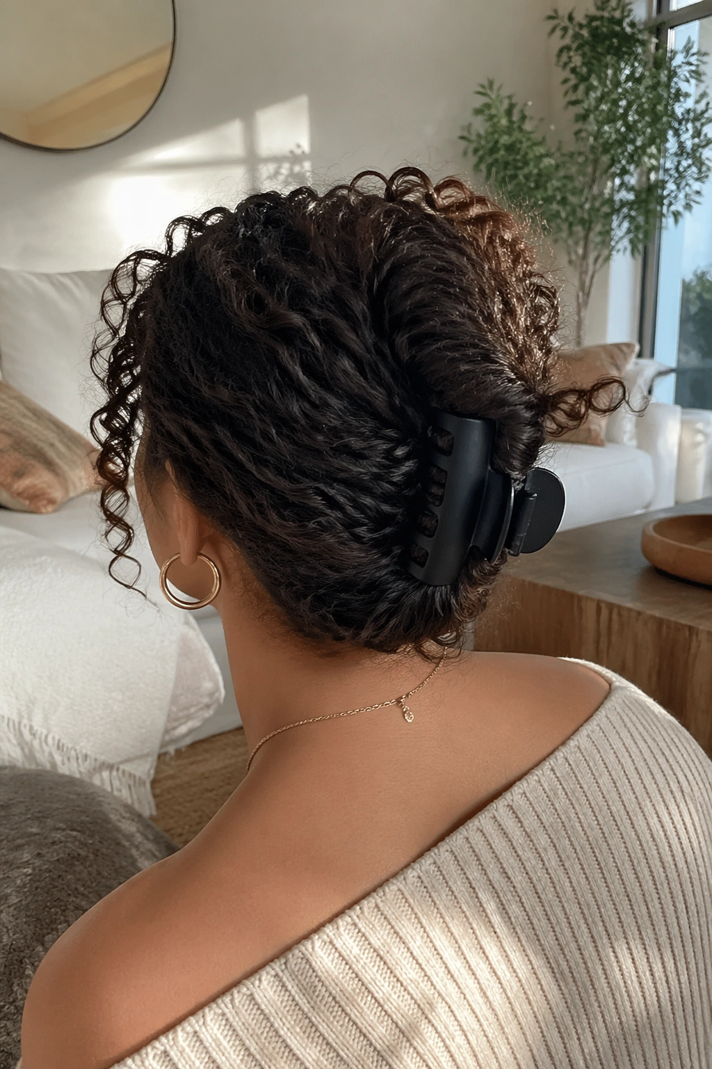 Back-of-head view of a claw-clip French twist in a sunlit living room.