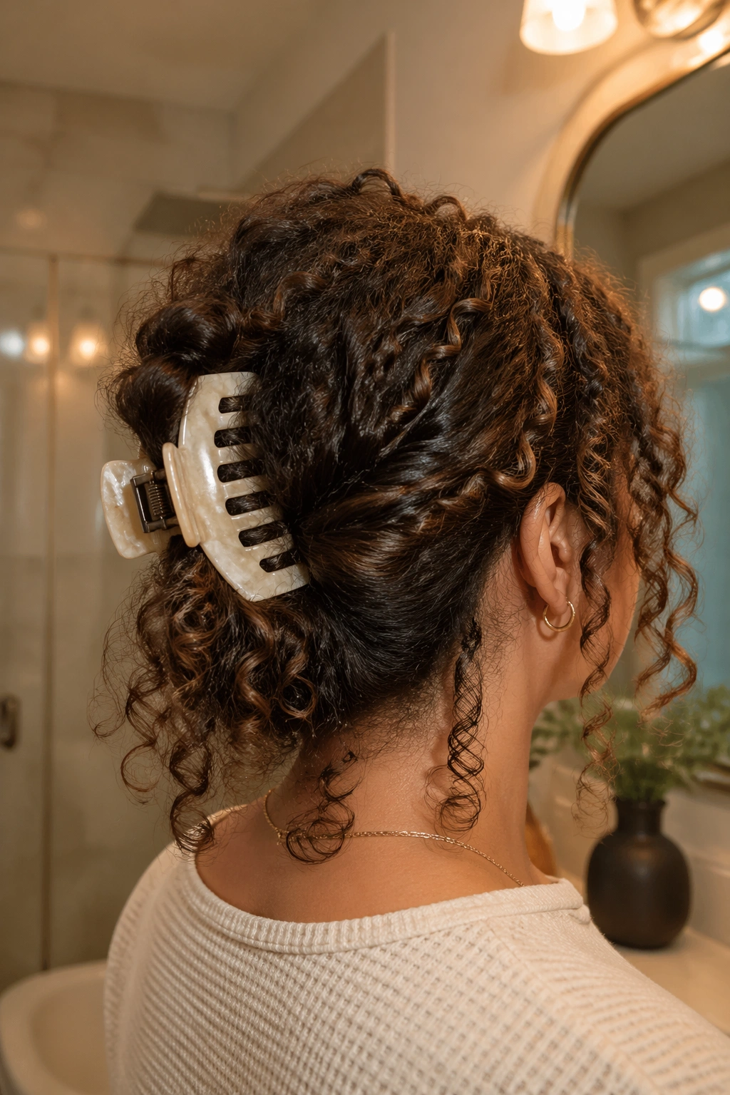 Medium-close portrait of a person wearing a claw clip twisted hairstyle