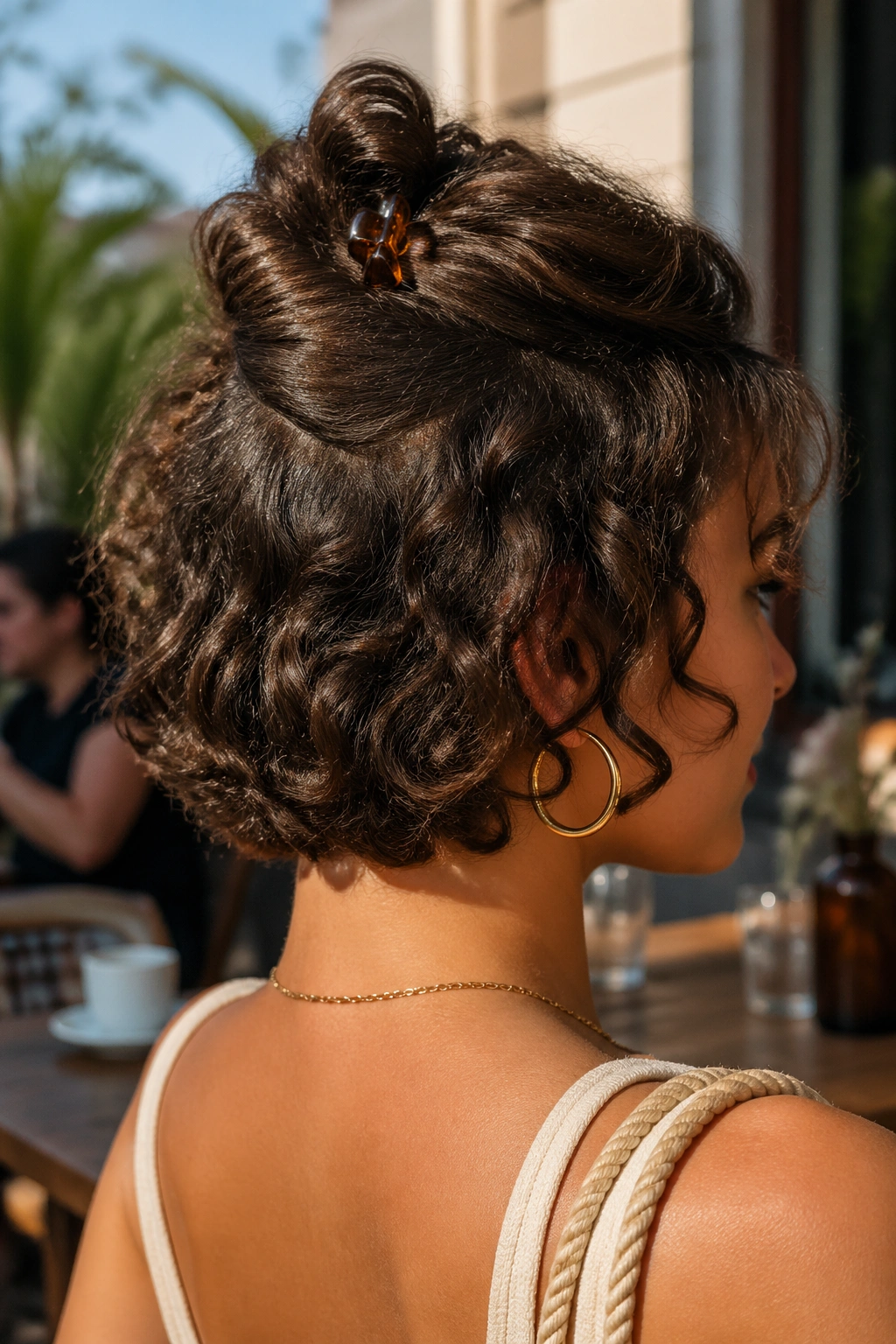 Close-up of a real person with a small claw clip twisted at the crown of short curly hair.