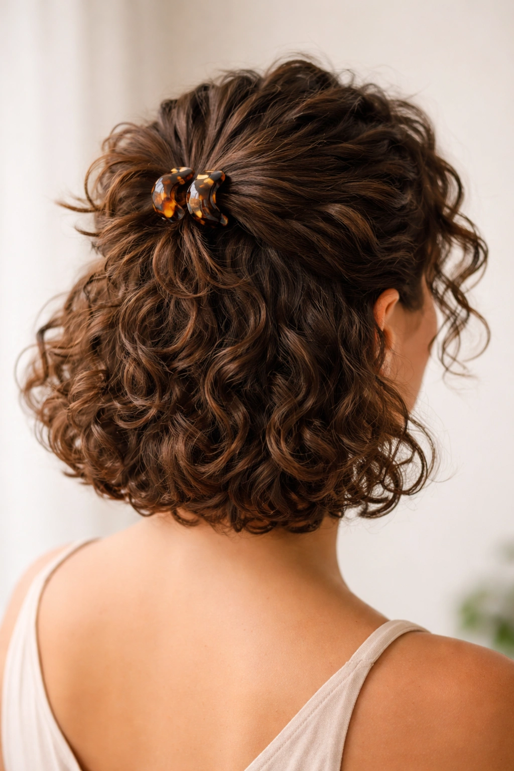 Close-up of half-up hairstyle with a claw clip twist on short curls