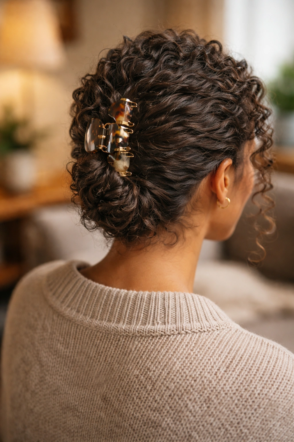 Close-up of a real woman with a claw-clip French twist at the back