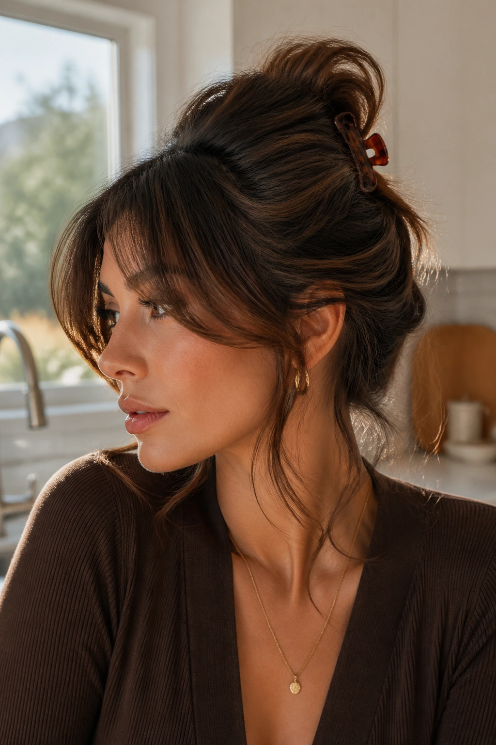 Close-up of a woman with a claw-clip twist and face-framing fringe in a sunlit kitchen