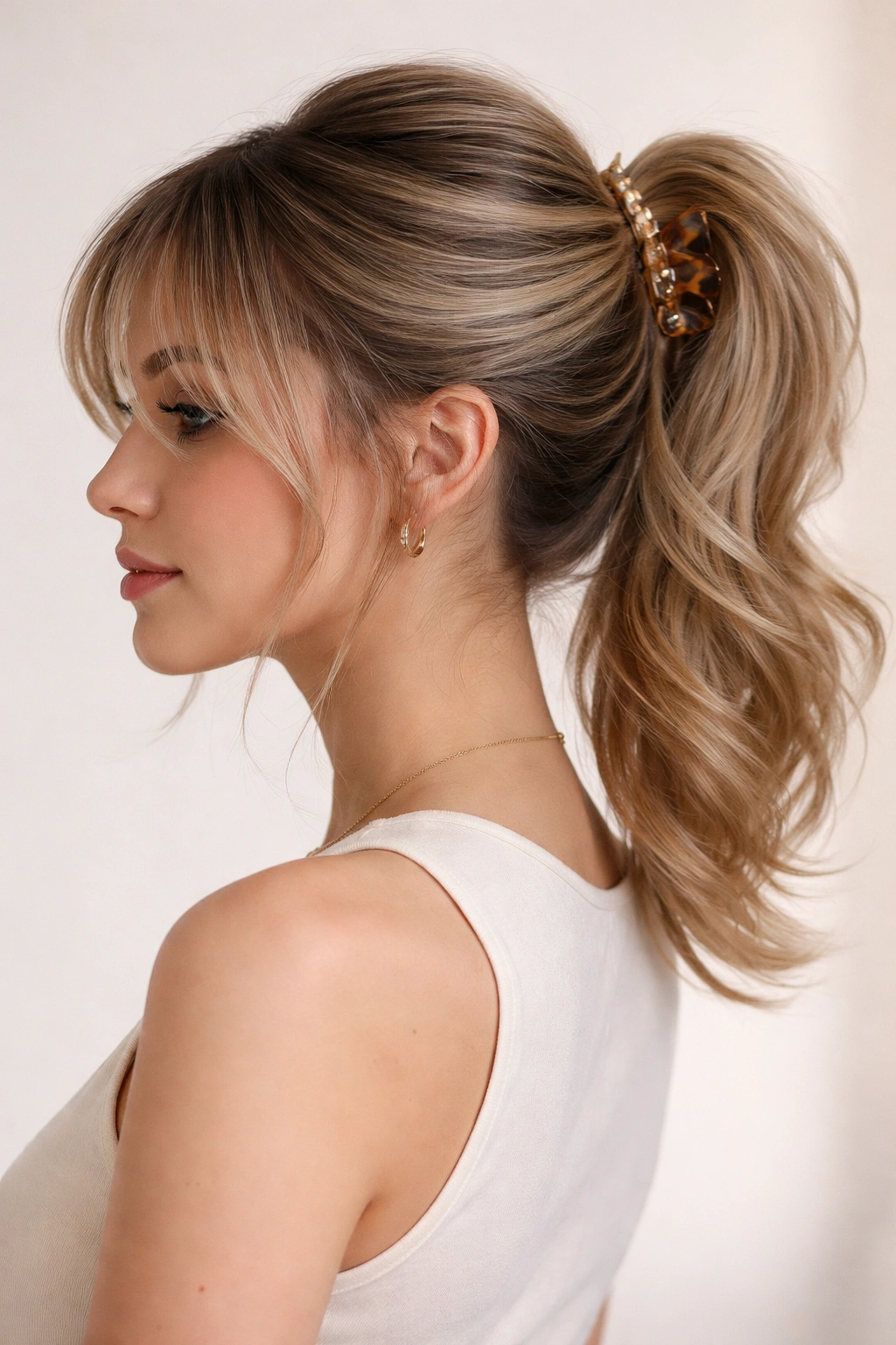 Back view of claw-clip ponytail twist with wispy fringe.