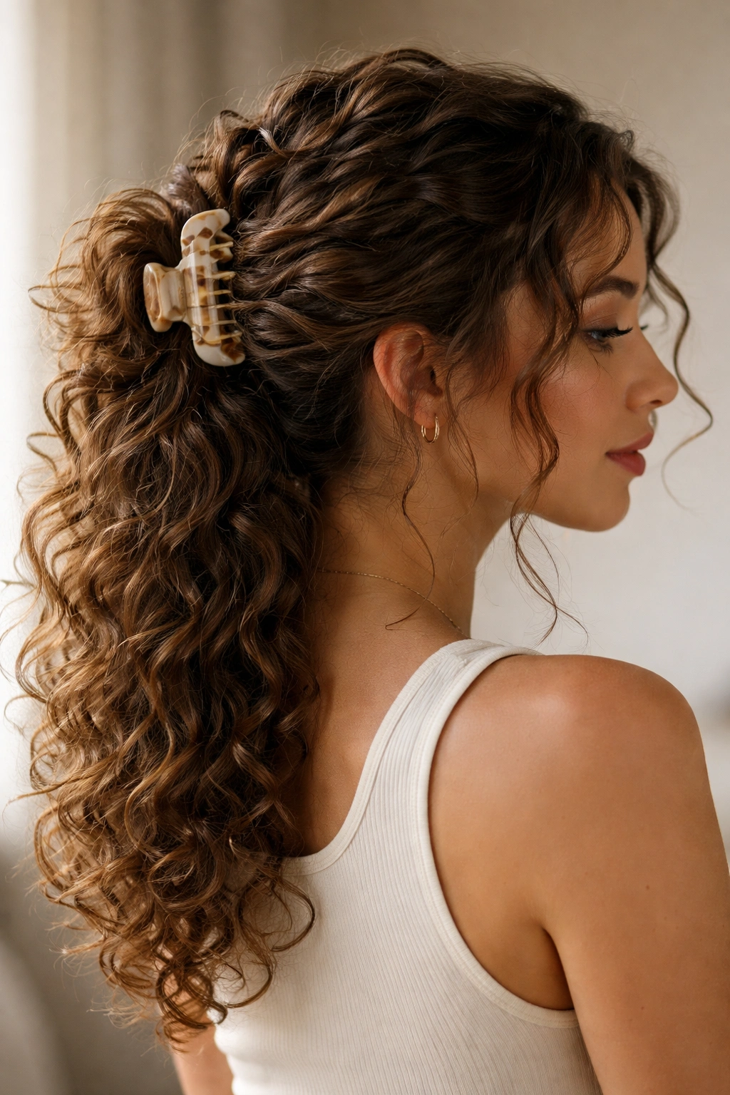 Profile view of a twist secured with a large claw clip in long curly hair