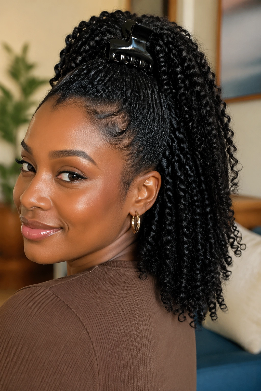 Close-up of a real woman with a claw-clip faux ponytail on twist-out texture