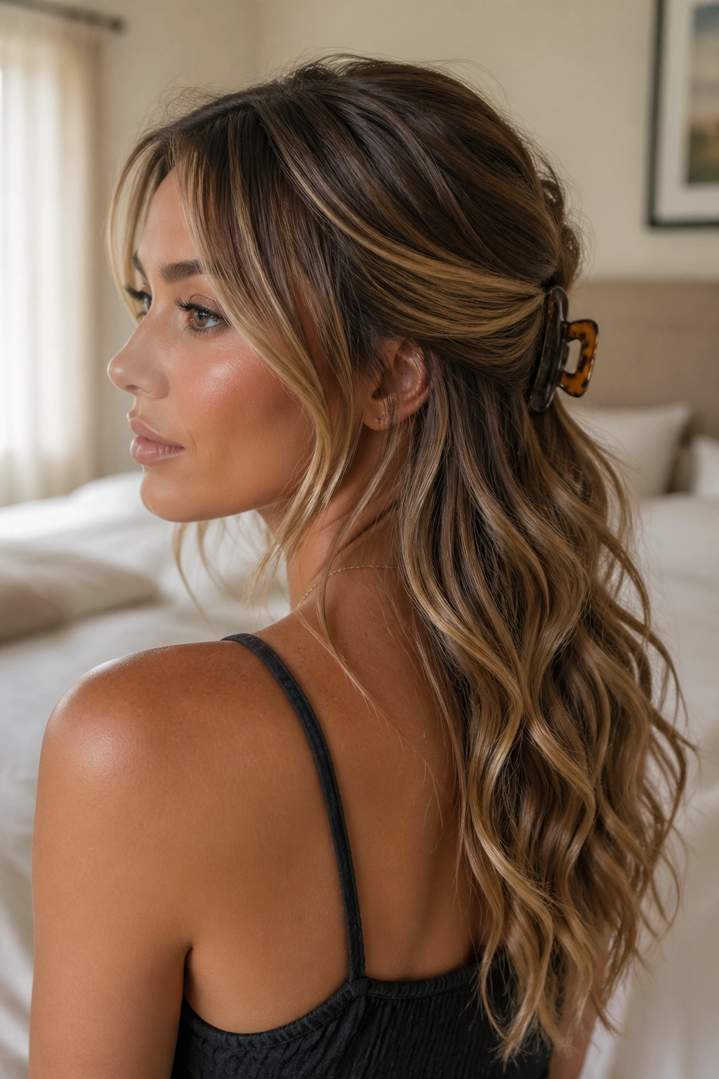 Close-up of a real woman with a claw clip twist and cascading waves in a cozy bedroom
