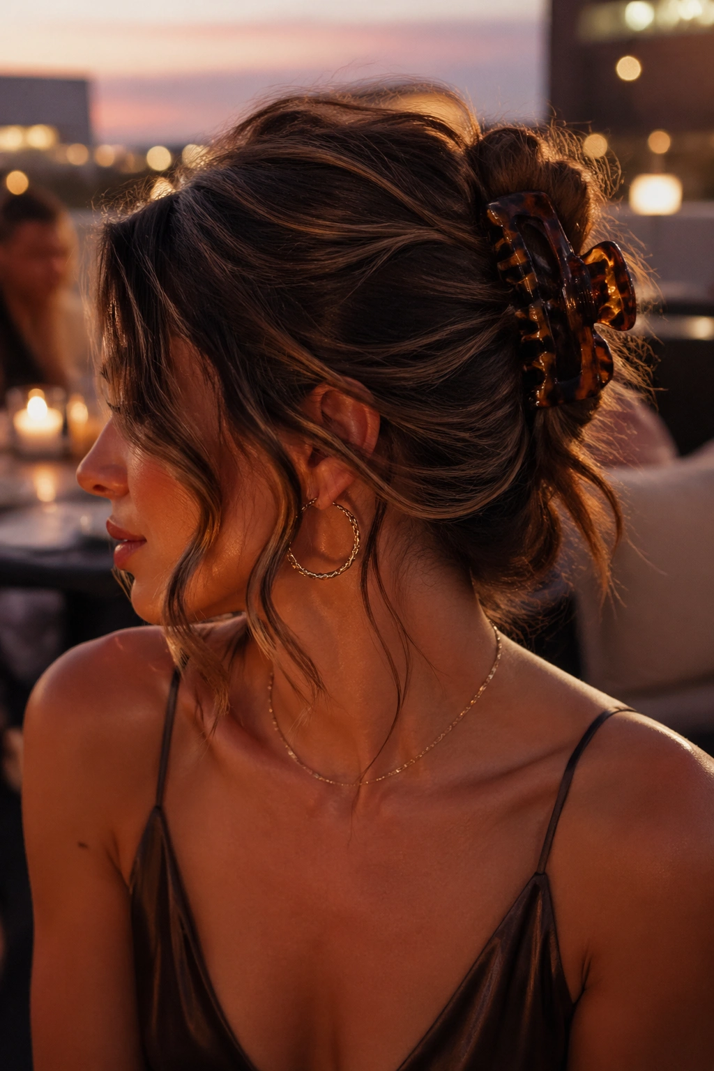 Close-up of a woman with a claw clip twist and loose face-framing waves.