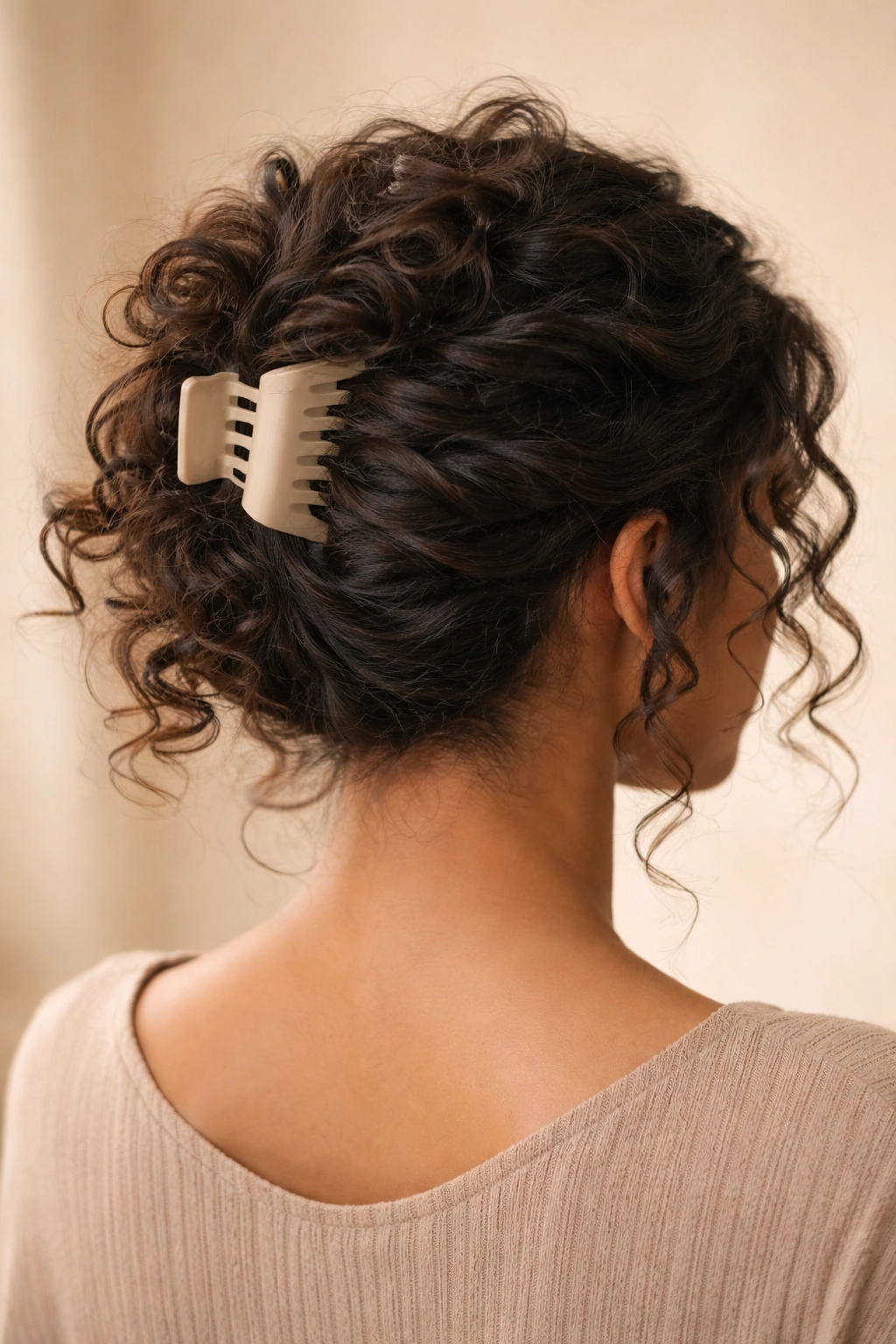 Back view of thick curls twisted and secured with a large matte claw clip