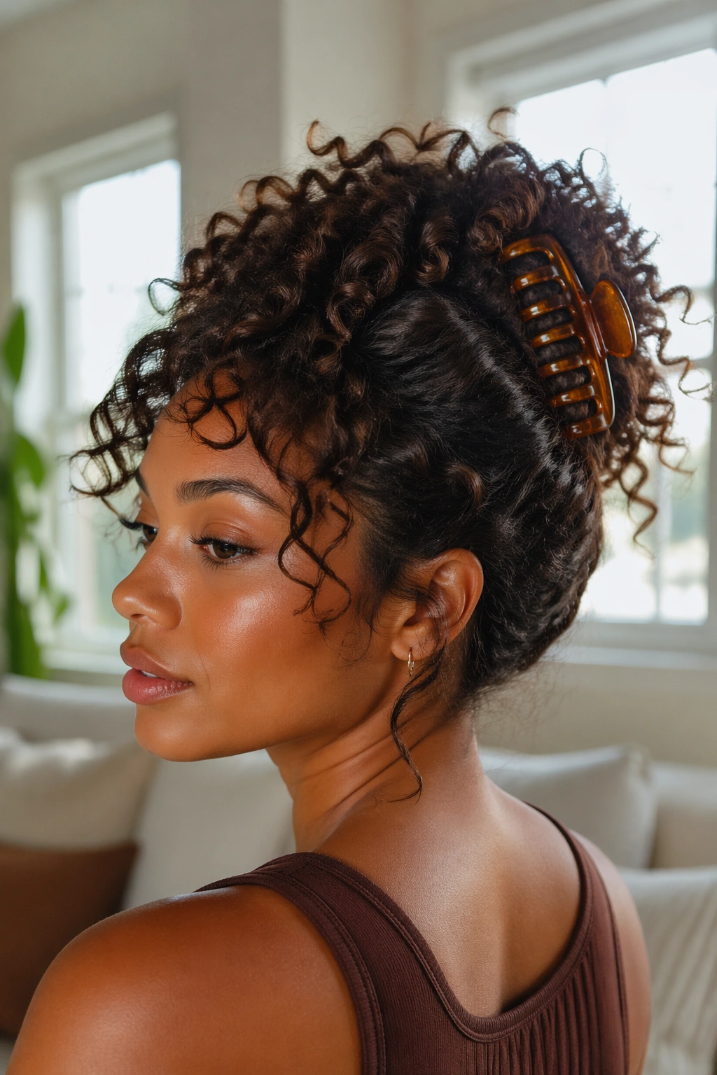 Close-up of a real Black woman's claw-clip curly updo with loose curls