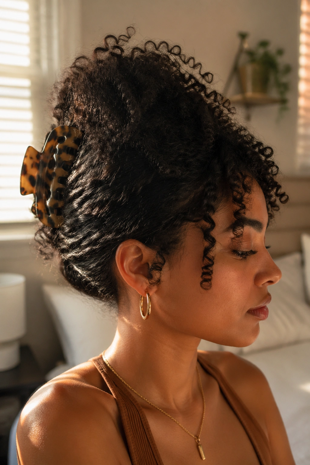 Close-up of a real woman's voluminous natural hair updo secured with a large claw clip