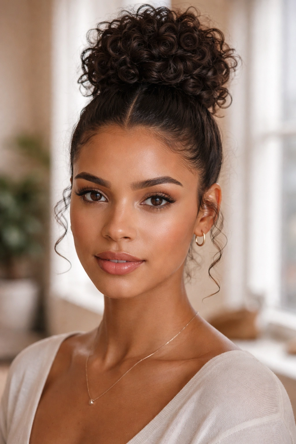 Close-up of a real woman with a clean-part curly top knot