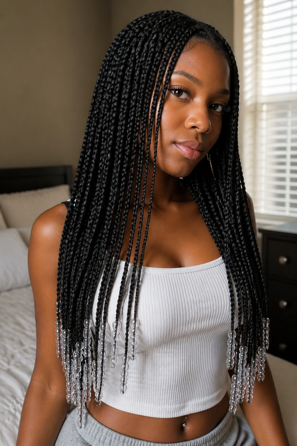 Close-up of a real woman with waist-length box braids and clear beads at the ends.