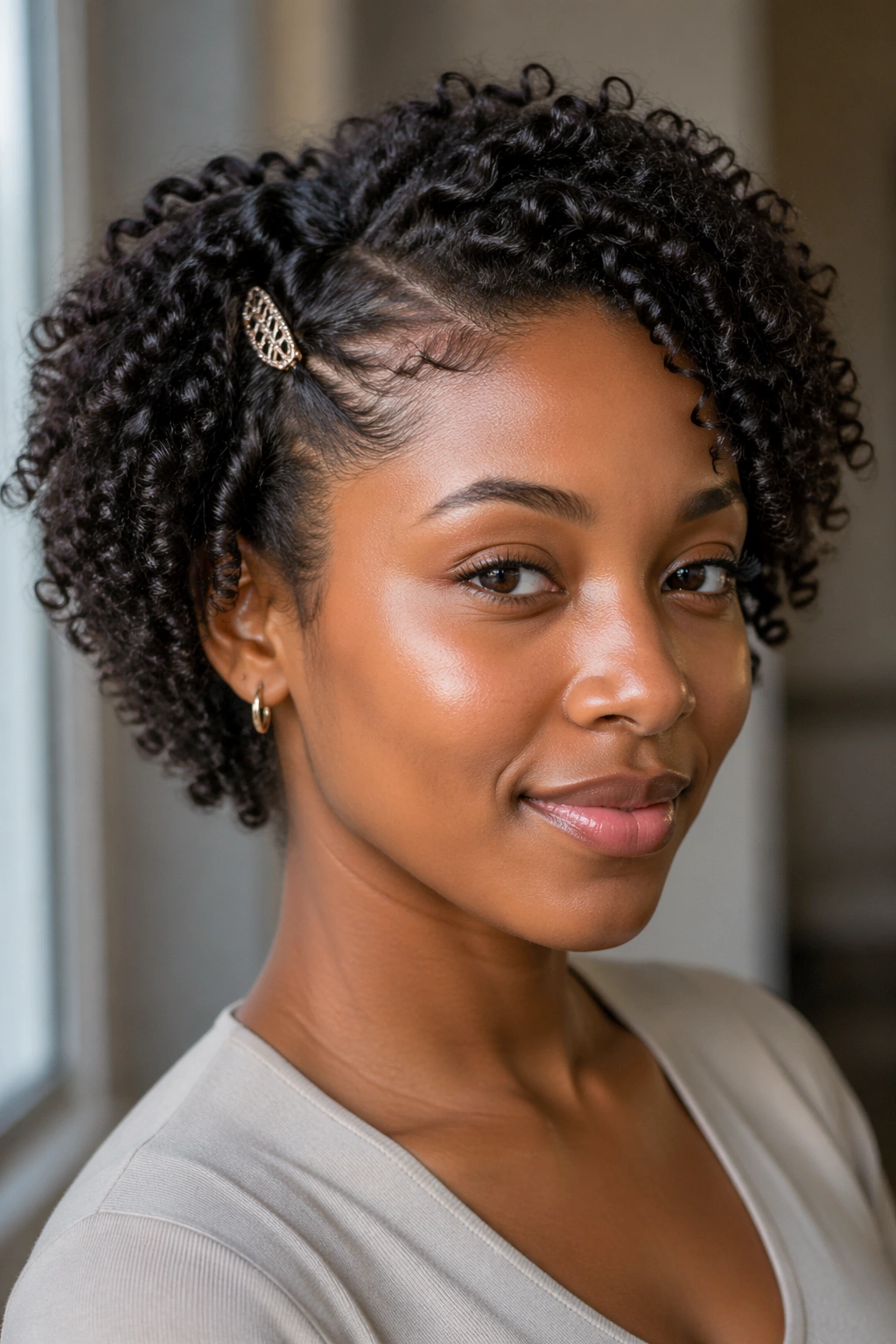 Close-up of a real Black woman with a clip-back curl accent