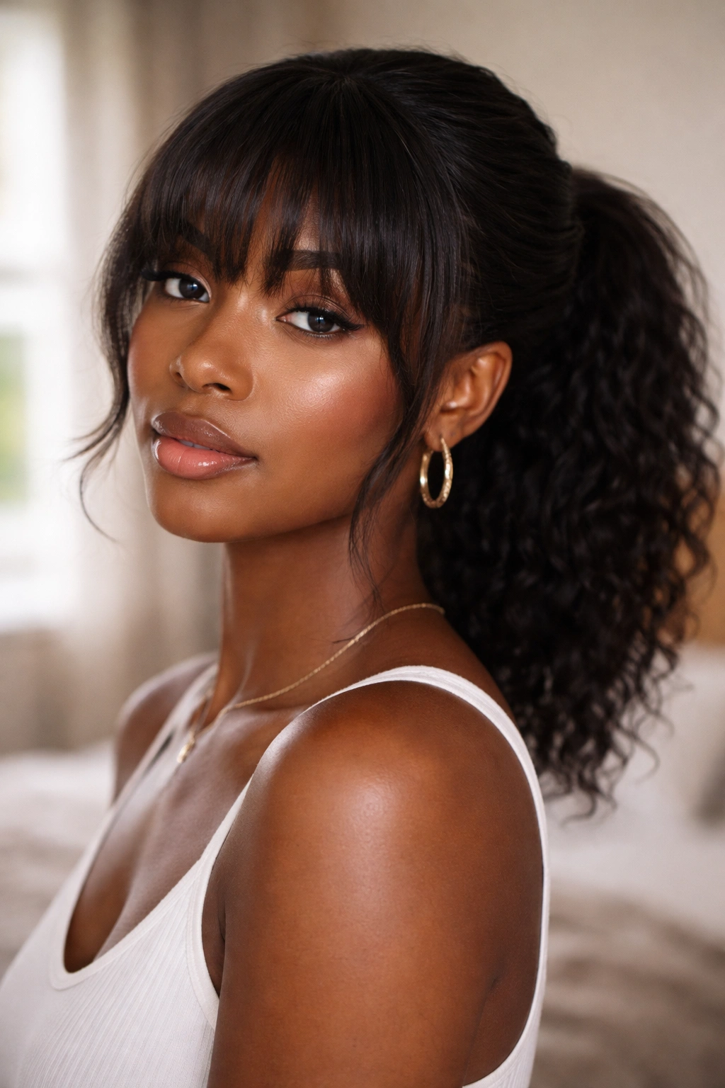 Close-up of a real Black woman wearing textured clip-in bangs with a low ponytail in natural window light