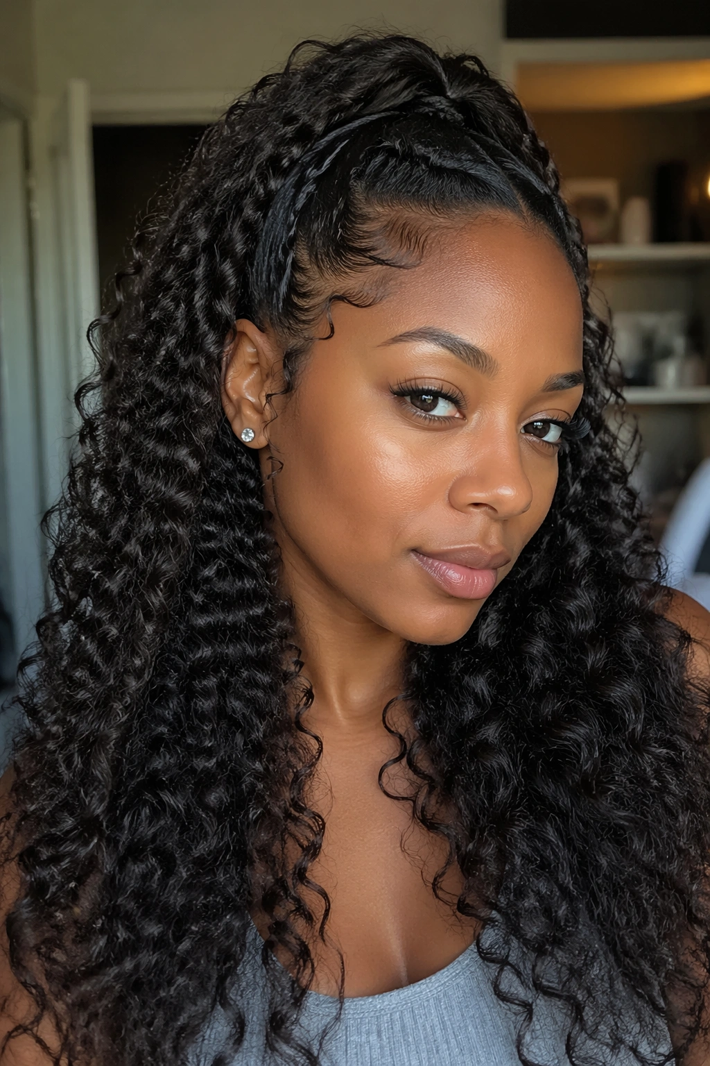 Close-up of a real woman wearing clip-in curls blended with her own hair