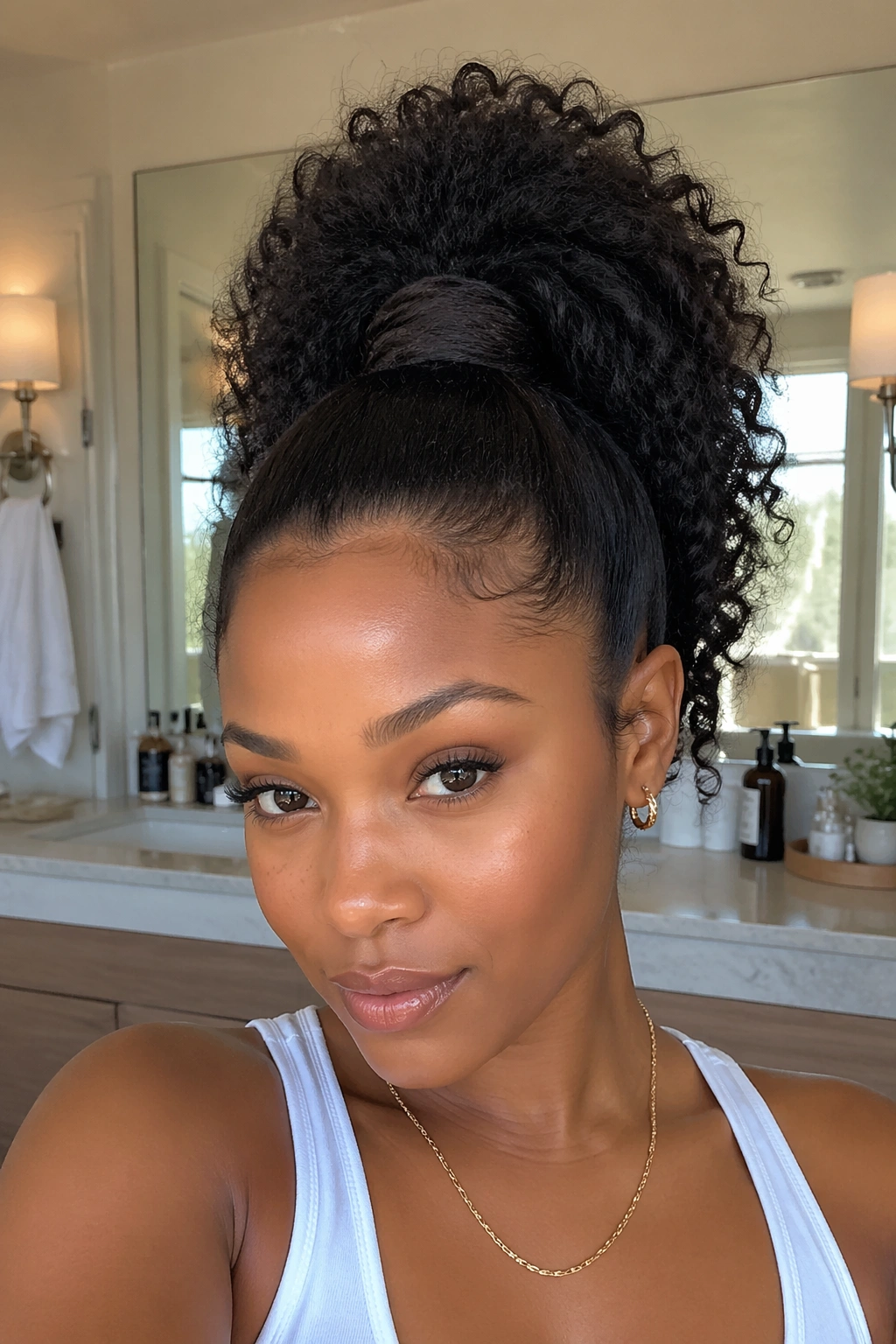 Close-up of a real woman with a high pony and clip-in extension blended at the base