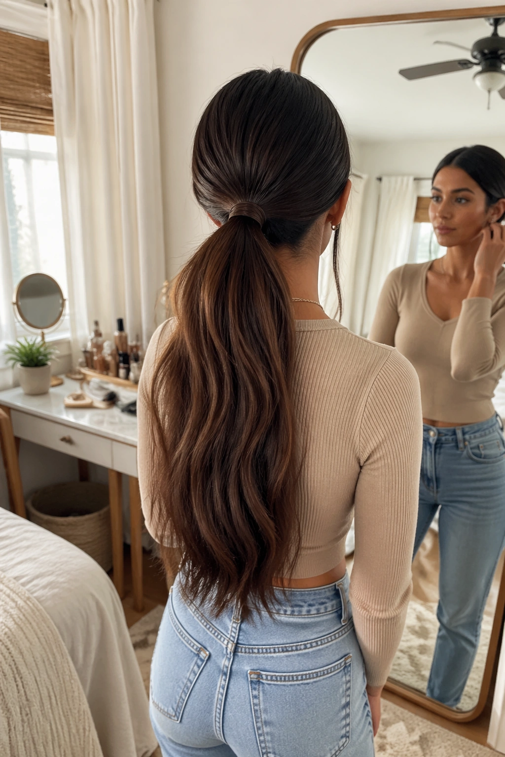 Wide shot of a thick clip-in low V ponytail in a bright bedroom.
