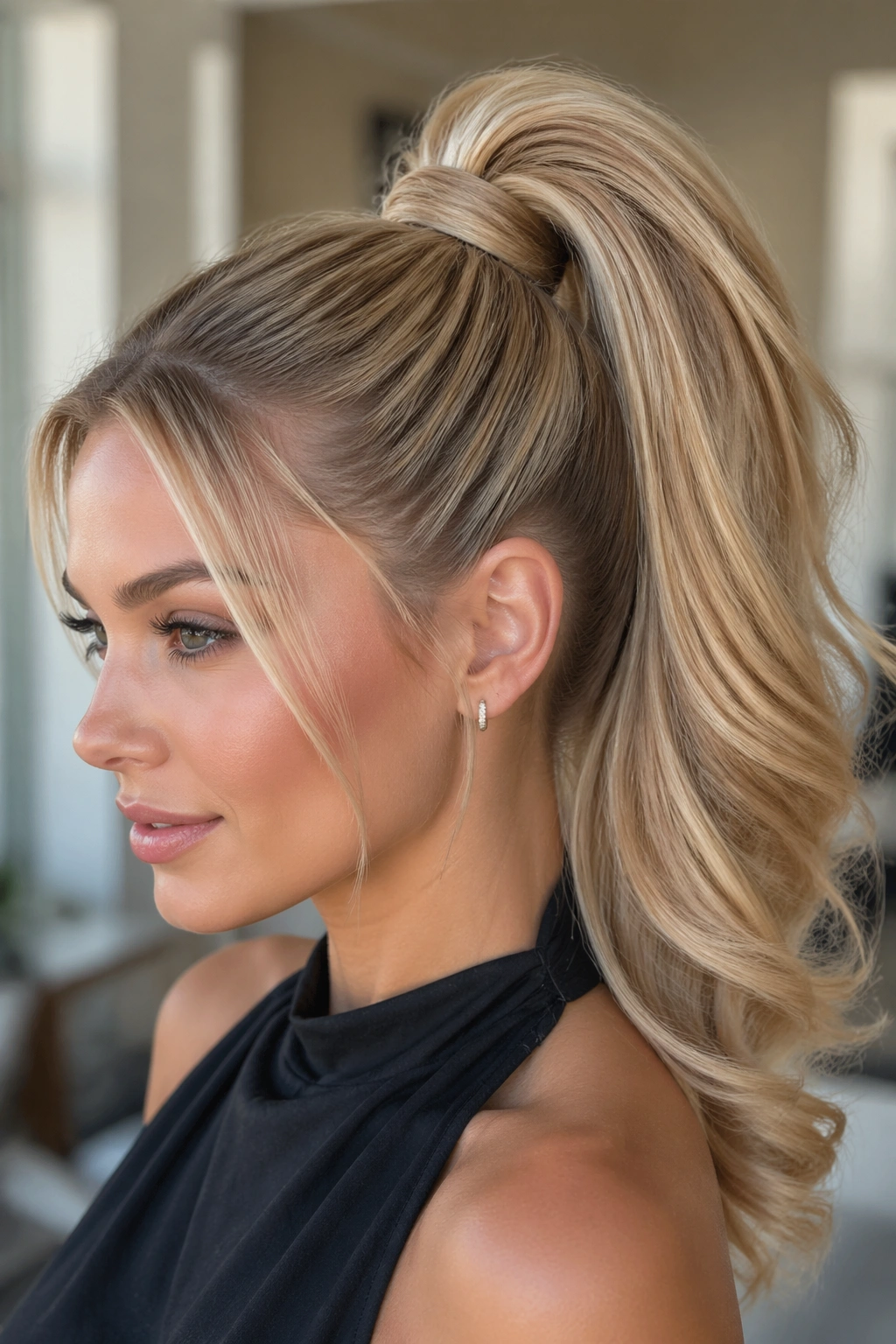 Real person with clip-in retro high ponytail blended seamlessly