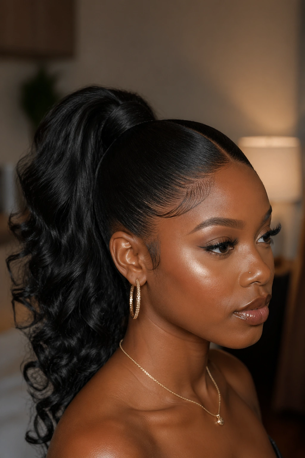 Close-up portrait of a real woman wearing a clip-in volume ponytail