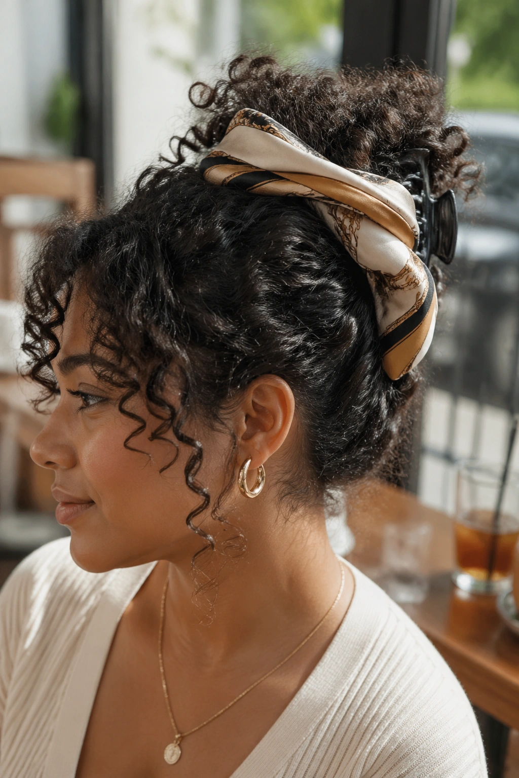 Close-up of a real woman with a scarf-wrapped clip style hairstyle