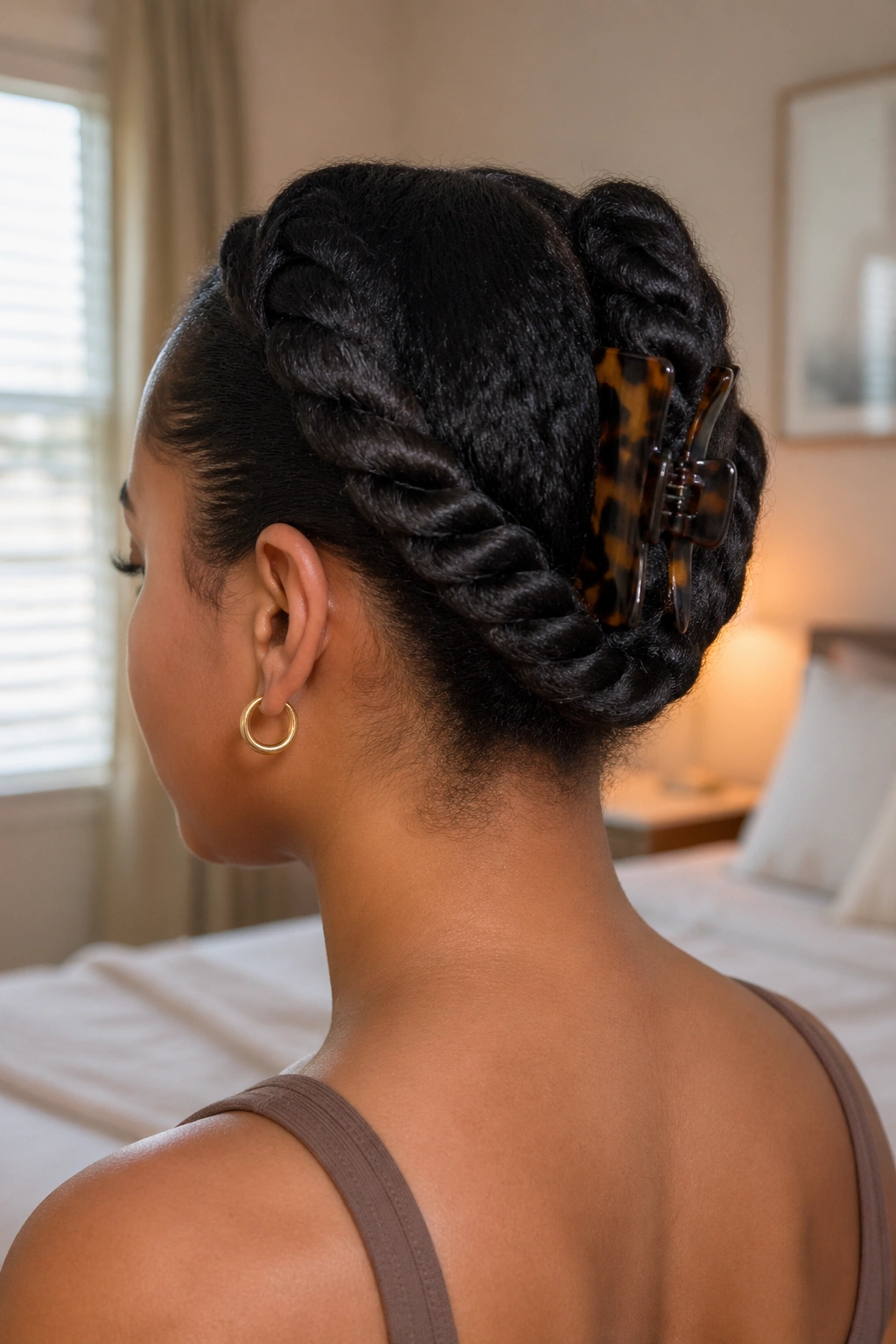 Close-up of a real woman with a clip-supported twisted updo featuring two side twists and a central clip