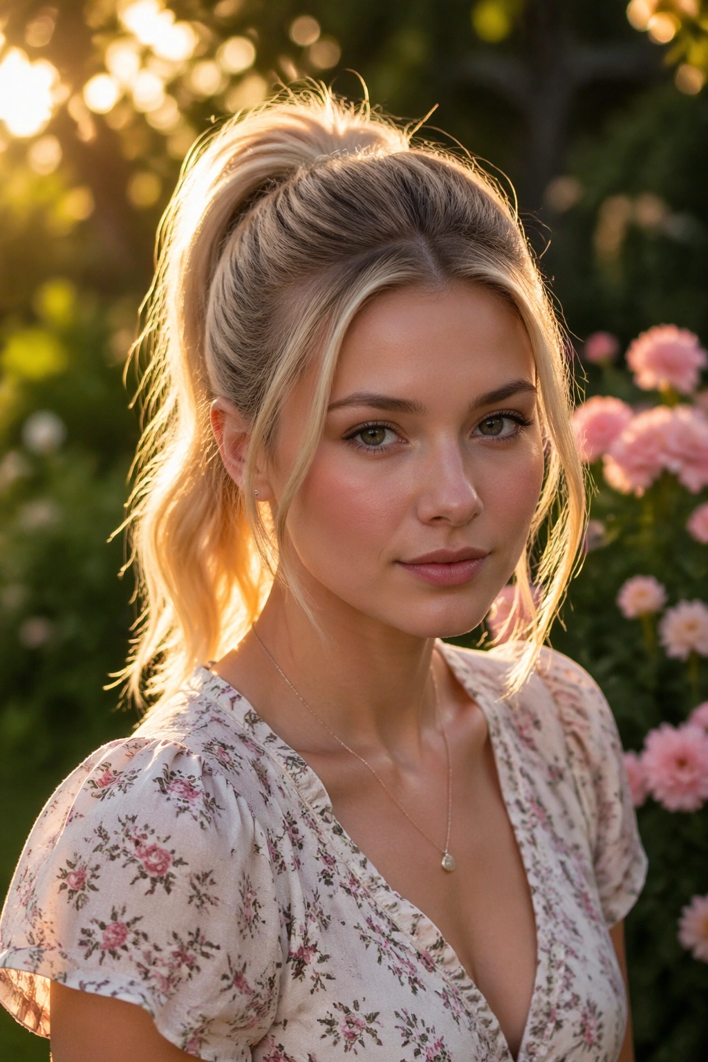 Hero shot of a crown ponytail lifted by clips in a sunlit garden.