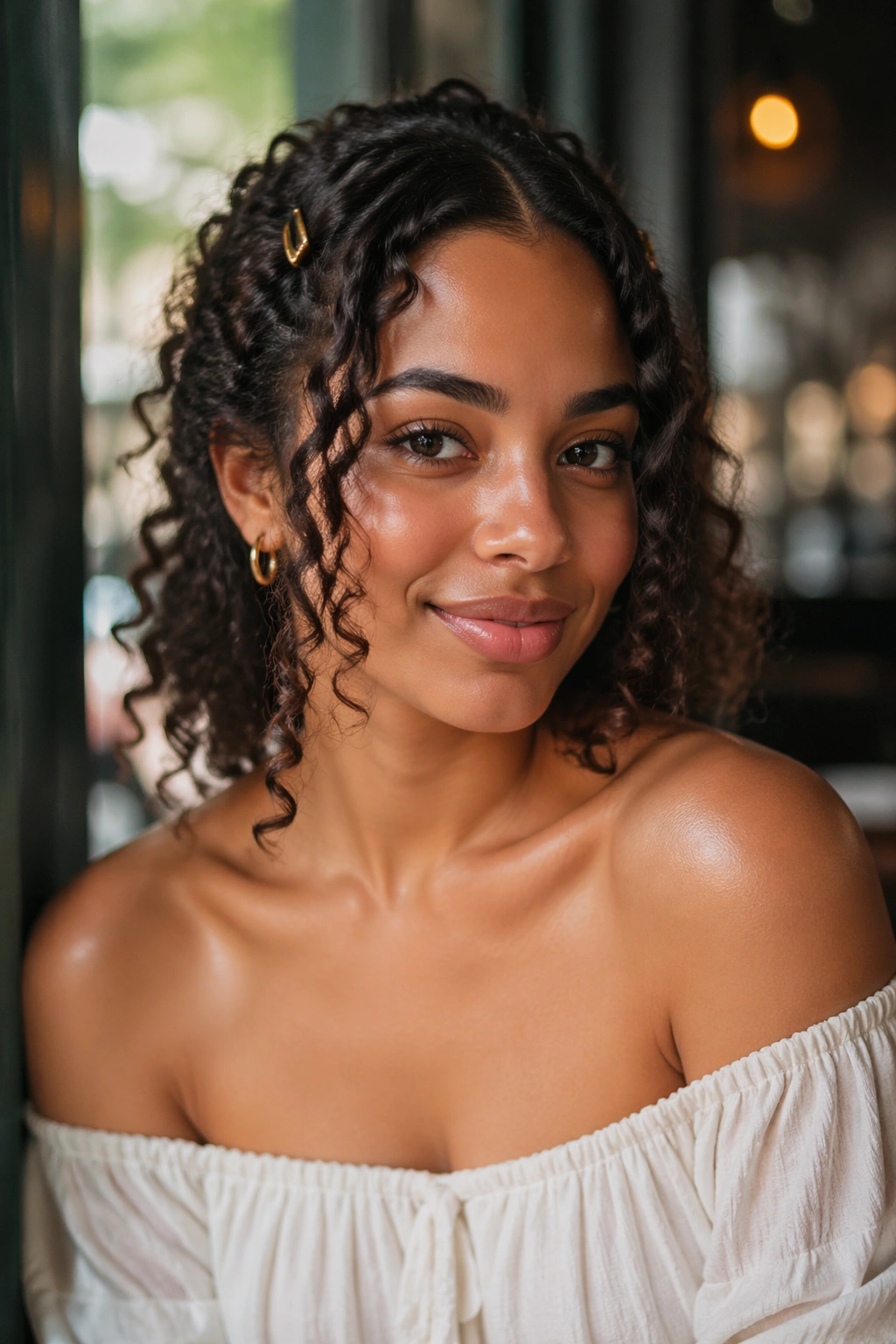 Portrait of a woman with clipped-back front curls showing an open neckline.