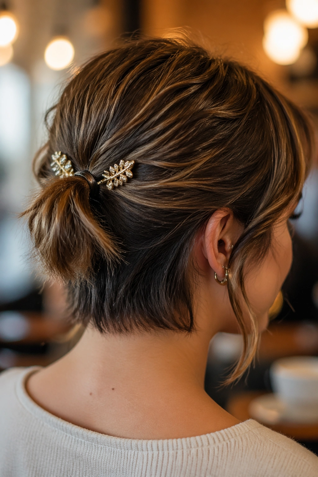 Close-up portrait of a real woman with clipped-back mini ponytail and decorative barrettes, warm cafe lighting.