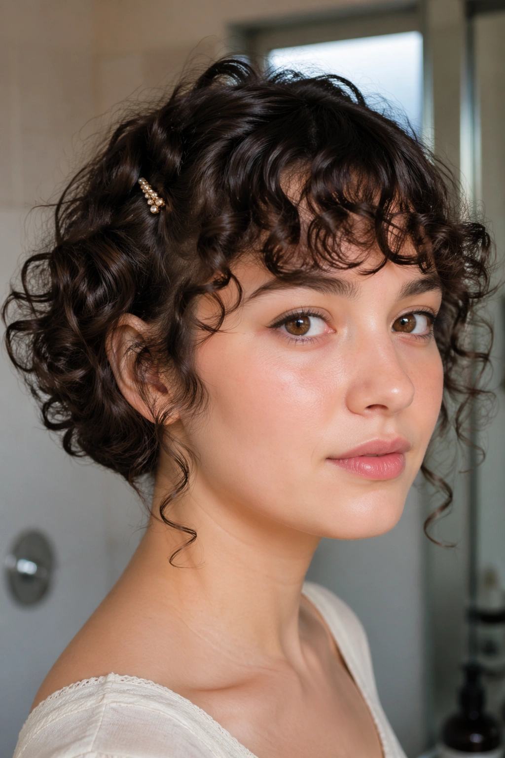Close-up of a real woman with clipped bangs and tendrils on short curls