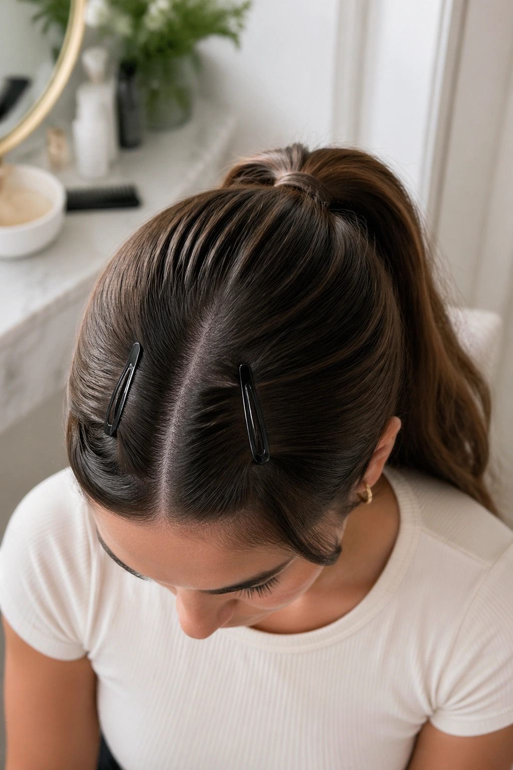 Mid ponytail with clipped-back front pieces flat-lay