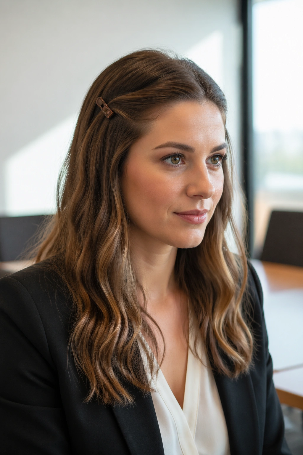 Close-up of a real woman with clipped back front sections and loose lengths in a conference room