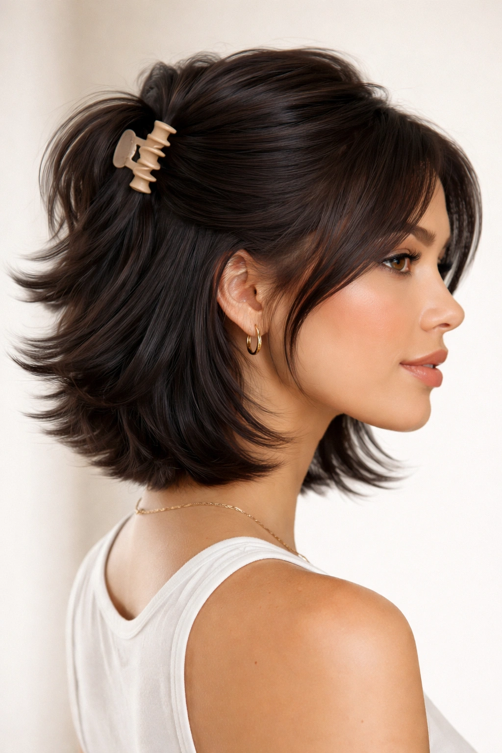 Half up half down hairstyle secured with clip and feathered layers
