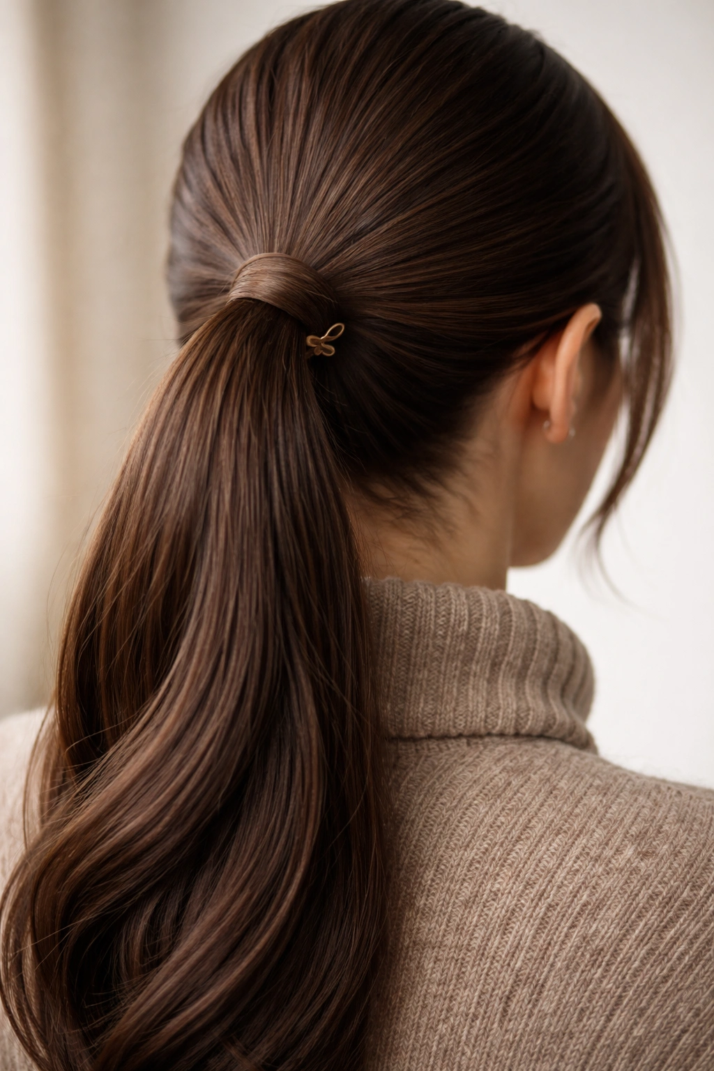 Close-up of a thick ponytail with a small claw clip at the base