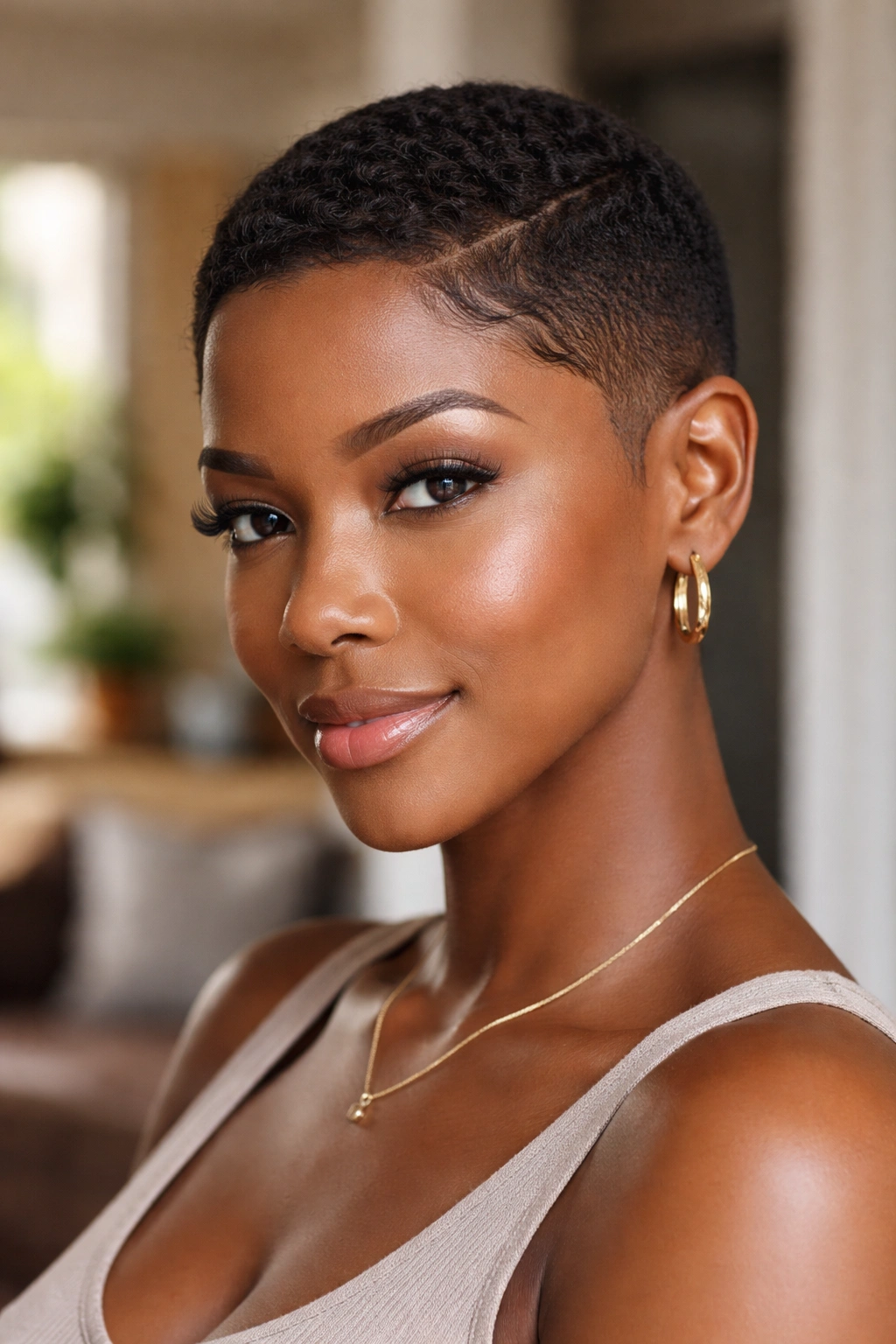 Portrait of a woman with a close-cropped natural Afro and defined edges