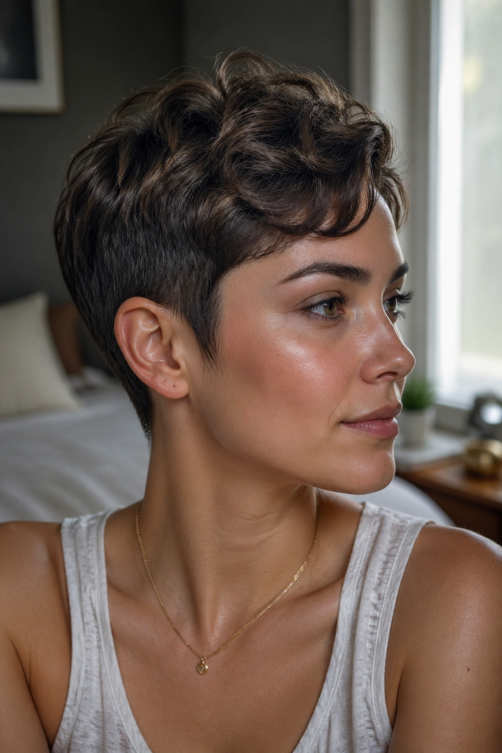 Close-up portrait of a real woman with a close-cropped side pixie, ears visible and waves on top, in warm window light