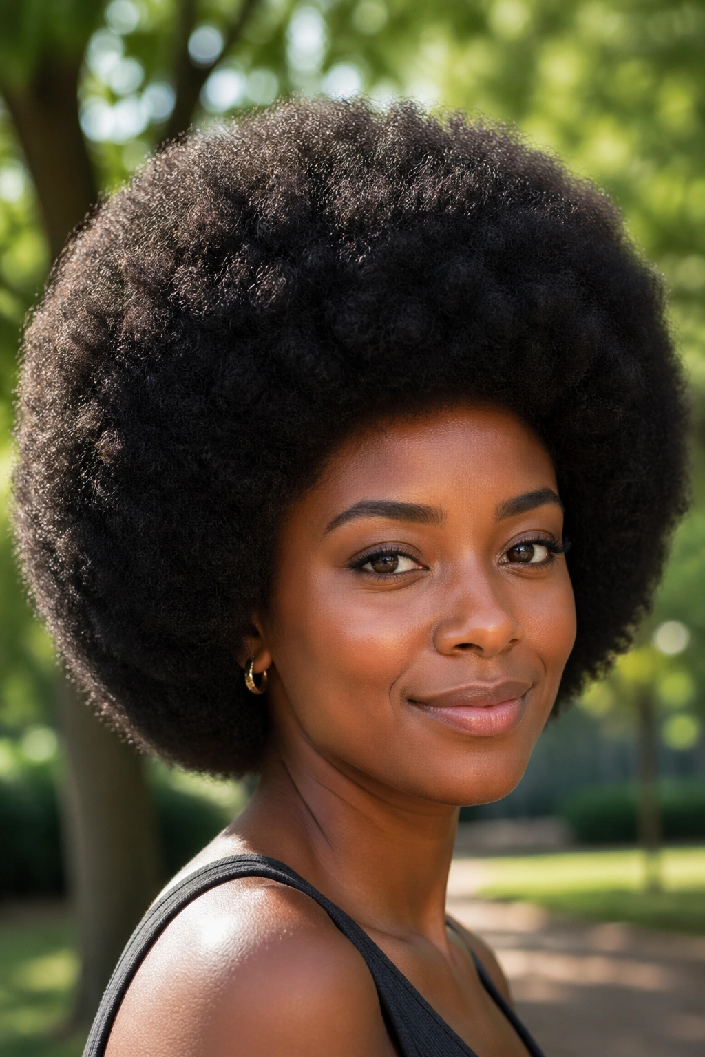 Real person with a round cloud-like afro outdoors