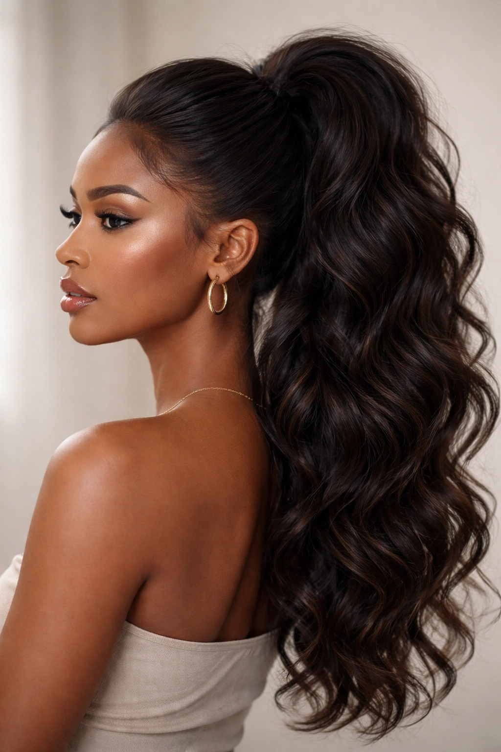 Voluminous cloud ponytail with lifted crown and full, loose waves.