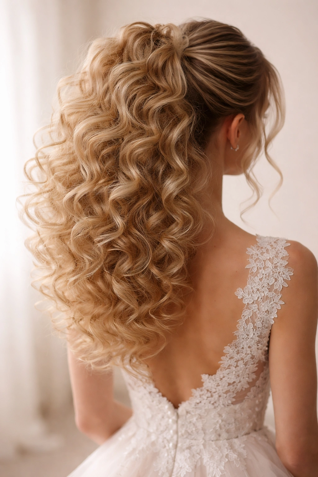 Back view of a high-volume curly ponytail with airy curls.