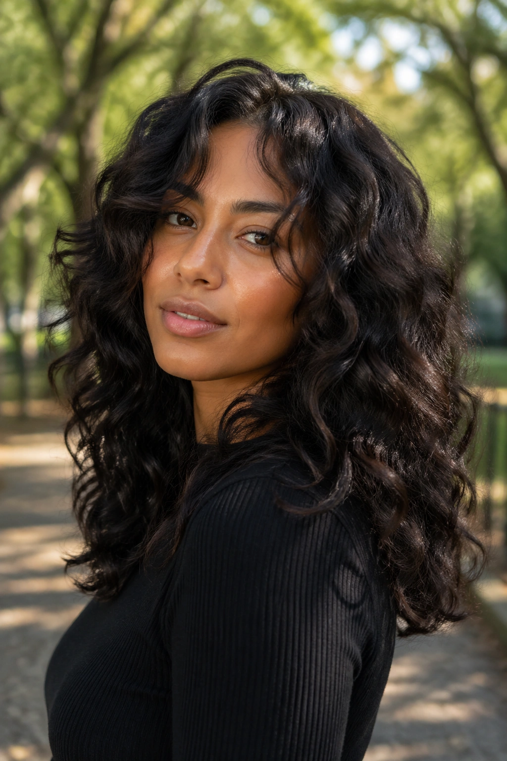 Portrait of a real woman with thick waves and layered cut in park setting