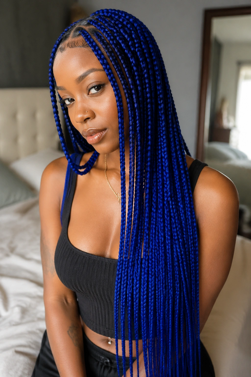 Close-up of real person with waist-length cobalt blue box braids in window-lit room