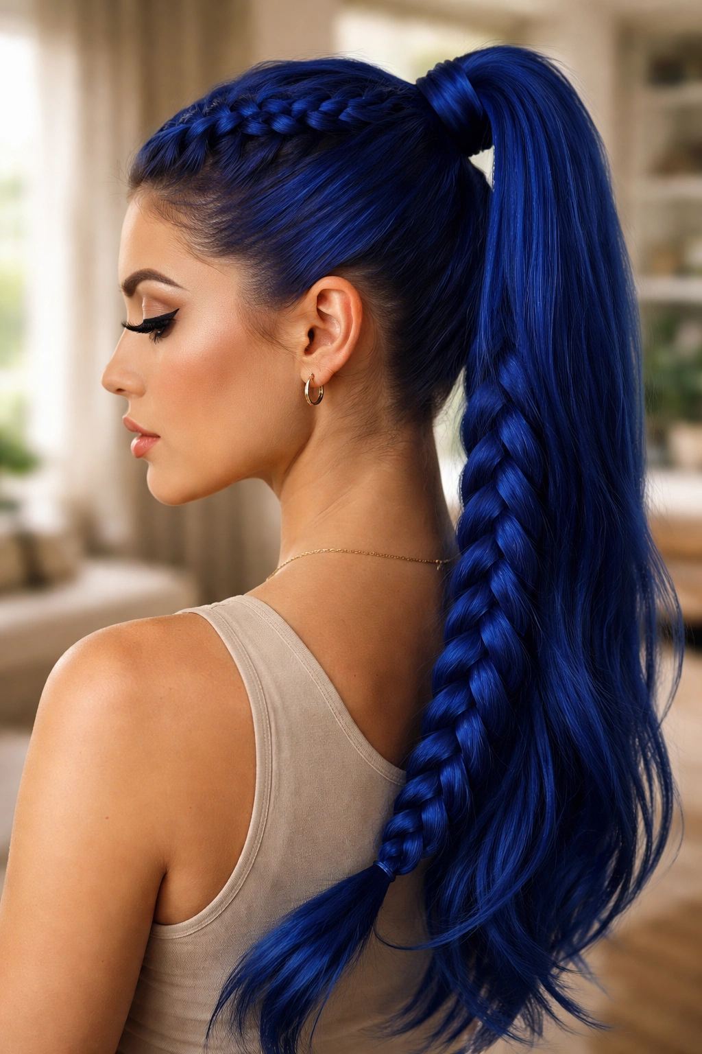 Close-up portrait of a real person with a cobalt blue braided ponytail, high lift at the crown.