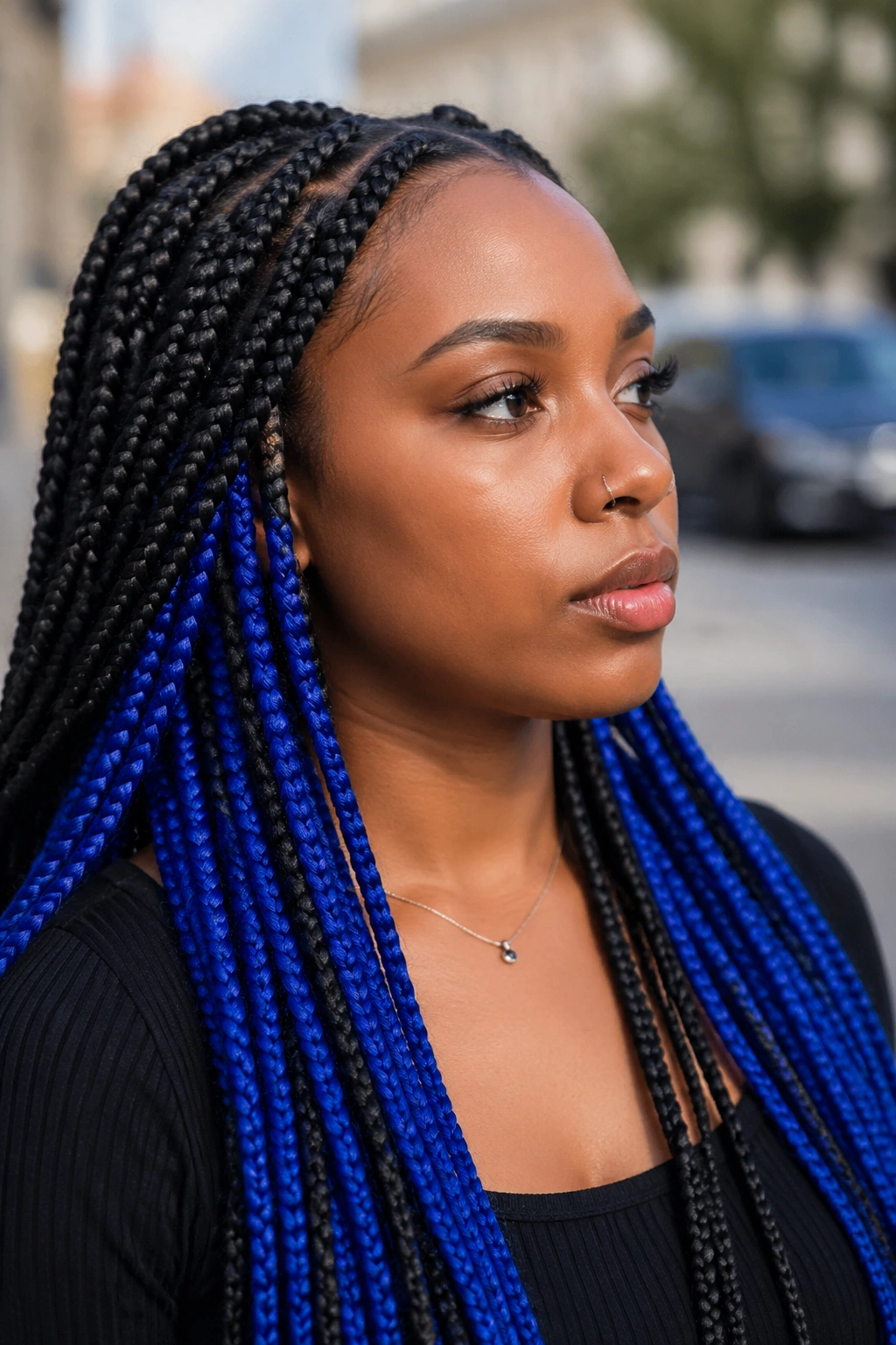 Close-up of a real person with cobalt blue underlayer in chunky braids