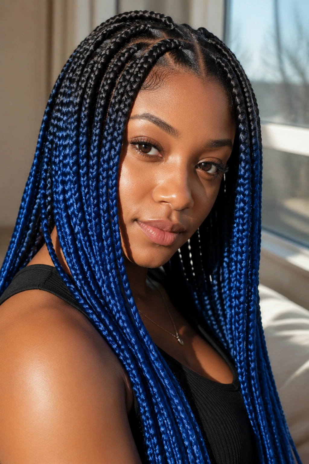 Close-up of cobalt ombré box braids with dark roots on a real person.