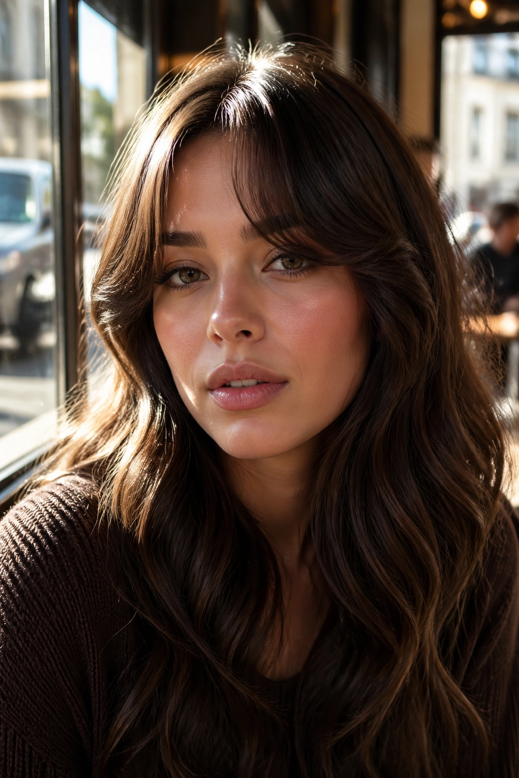 Close-up of a real woman with cocoa brown waves and rounded curtain bangs in warm sunlit setting