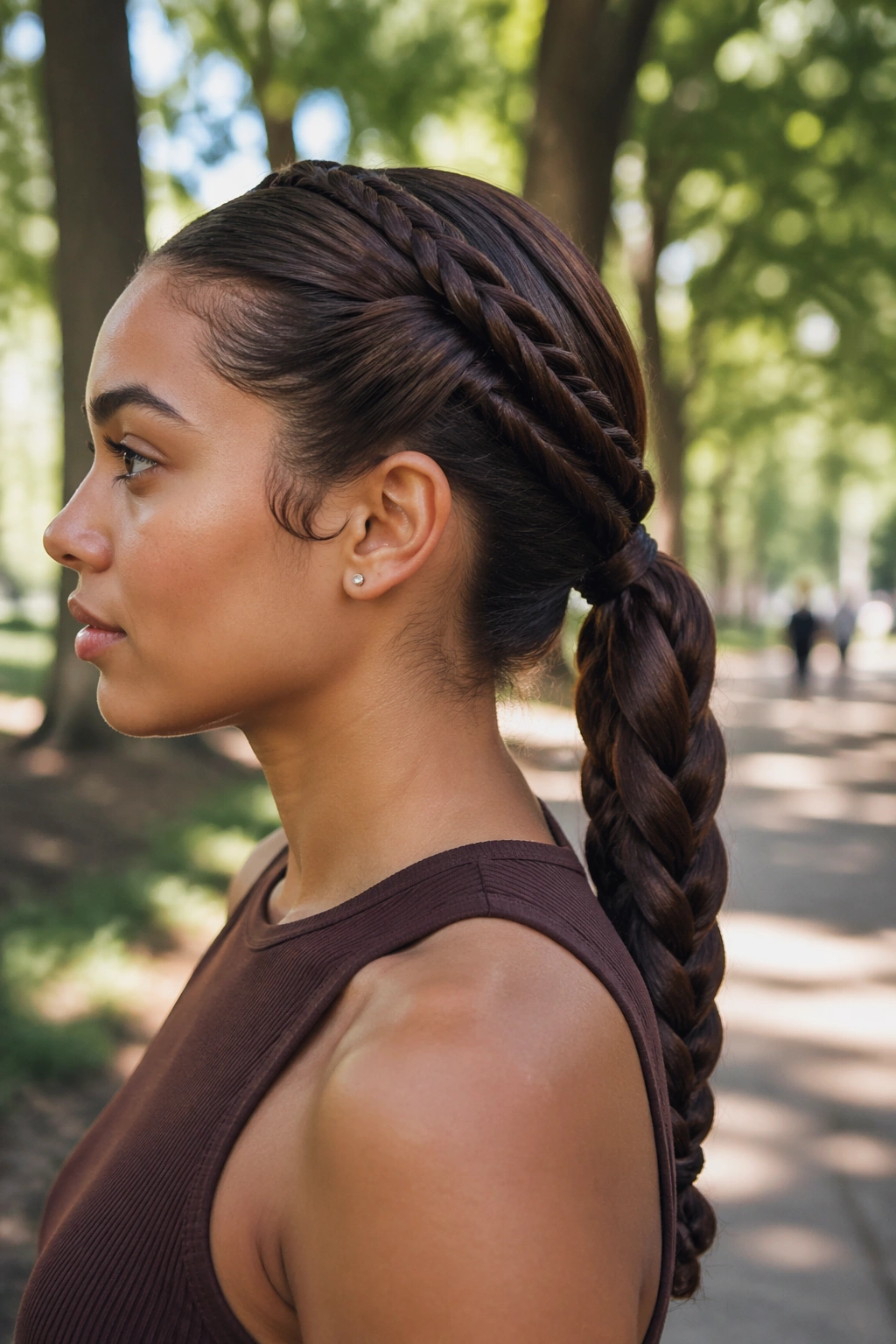 Close-up of real woman with cocoa rope-braid ponytail on park path